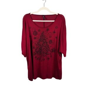Forever Jade Womens 3X Red Christmas Tree Beaded Dolman Sleeve Slub Top